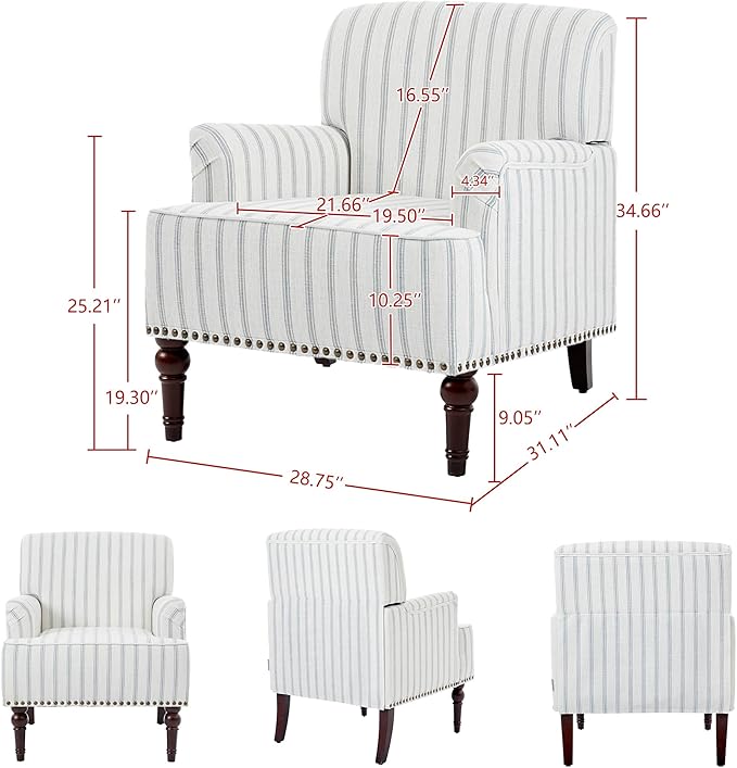 Accent Chair Mid Century Modern Comfy Armchair for Living Room Linen Fabric Single Sofa Lounge for Reading Bedroom Apartment Waiting Room with Wood Legs (Pinstripe Light Blue Set of 1)