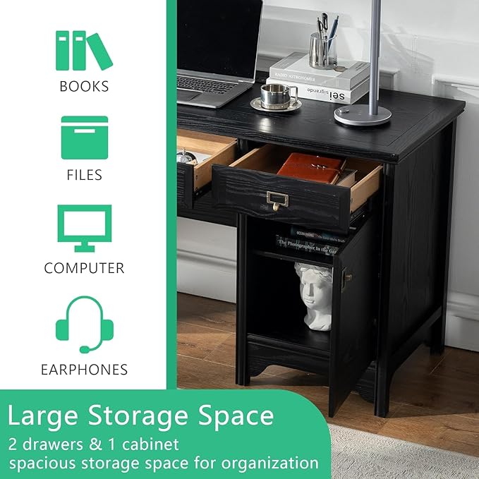 Chogori 47 Solid Wood Executive Desk Farmhouse Office Computer Desk with 2 Drawers &amp Storage Cabinet Wooden Writing Table for Home Office Study Bedroom Black