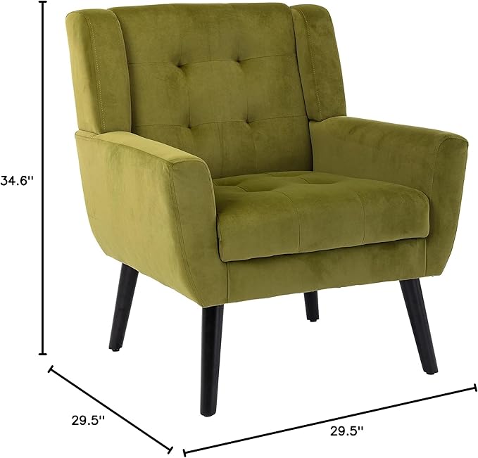 SSLine Velvet Accent Arm ChairSolid Wood Frame Modern Upholstered Wingback Single Sofa Armchair Club Chair with Metal Legs Thick Cushion for Living Room Bedroom (Green)