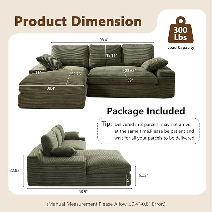 98.4 Green Sectional Sofa Cloud Modular Sectional Couch with ChaiseCorduroy Sectional Couches L-Shaped Modern Upholstered Sofa with Deep Seat for Living Room and BedroomNo Assembly Required(Green)