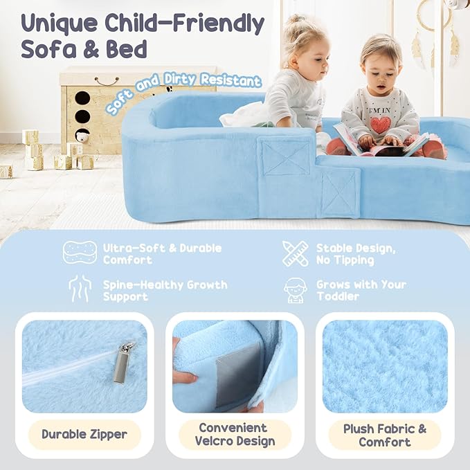 Toddler Travel Bed 2-in-1 Foldable Portable Toddler Bed Sofa Chair Soft Baby Kids Travel Floor Cot with Washable Covers Safety Foam Raised Bumper for Camping Hotel Sleeping (Blue)