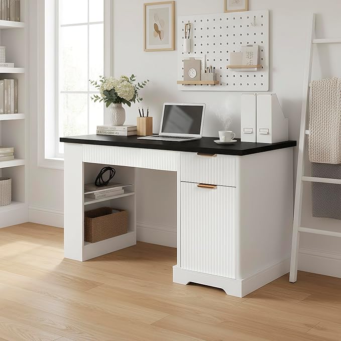 55 Fluted Office Desk with USB Charging Pegboard Organizer Convertible Keyboard Tray &amp Adjustable Storage Cabinet Modern Home Office Computer Desk