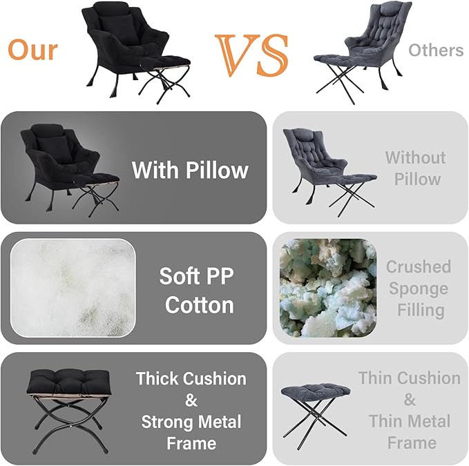 Lazy Chair with Ottoman Comfy Reading Chair with Footstool &amp Pillow Modern Lounge Chair with Armrests &amp Side Pocket for Living Room Bedroom Dorm RoomBlack
