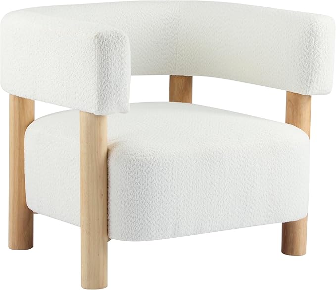 Christopher Knight Home Carly Low Profile Accent Chair Round Backrest Side Chair Living Room Armchair with Boucle Fabric Cushion Comfy Reading Chair for Bedroom Wooden Single Lounge Sofa White