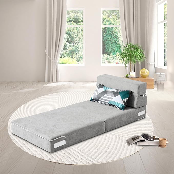 ANONER Folding Sofa Bed Couch Memory Foam Fold Out Chair Bed with Pillow Single Size Convertible Sofa Bed Futon Sleeper Chair Light Gray