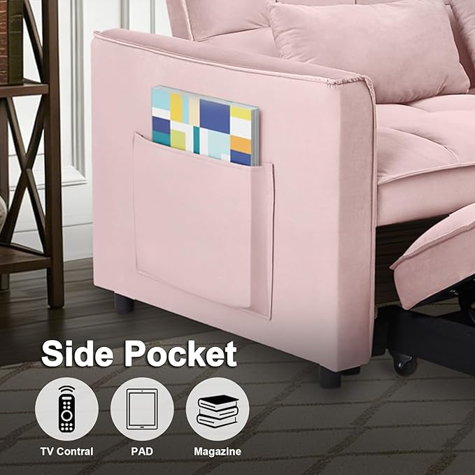 3 in 1 Convertible Sofa Bed Pull Out Couch with Adjustable Backrest Velvet Sleeper Sofa Loveseat with Pillows and Side Pockets for Living Room Bedroom Apartment Pink