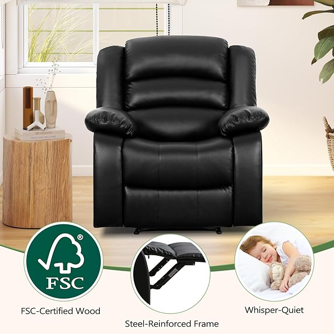ANJ Black Recliner Chair Set of 2 with Overstuffed Arm and Back Breathable Faux Leather Manual Reclining Chairs Living Room Single Sofa Recliners