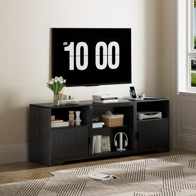 Fluted TV Stand for Tvs up to 80Mid Century Modern TV Stand with Open Adjustable ShelfEntertainment Center Wood TV Media Console with Cord Holes for Living Room Furniture BedroomBlack