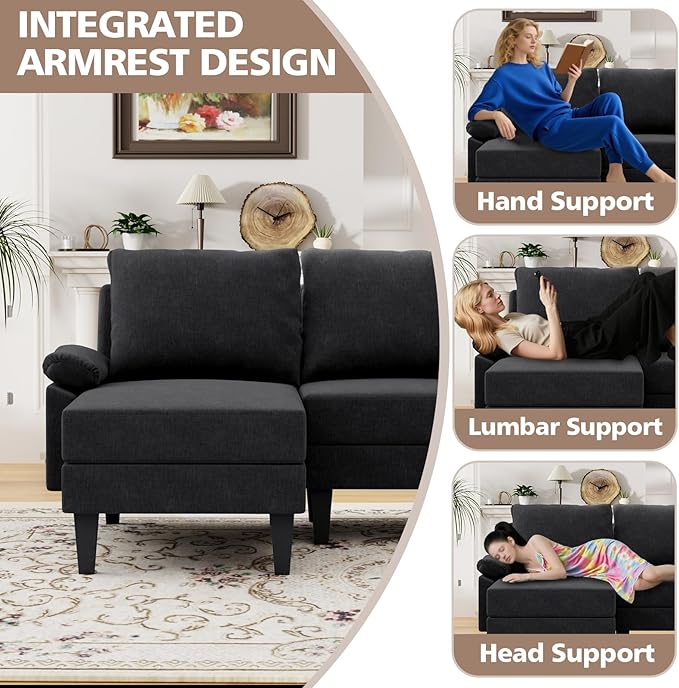 115 Modular Sectional Sofa U Shaped Sectional Comfy Couch for Living Room Convertible Modular Sofa Couch with Ottomans and Chaise High Supportive &amp Soft Sponge 6 Seats Black
