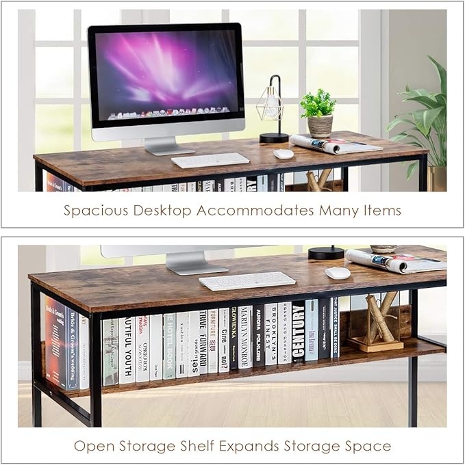 DORTALA 55 Industrial Computer Desk Contemporary Writing Table w/Storage Shelf Large Tabletop Sturdy Metal Structure Adjustable Foot Pads