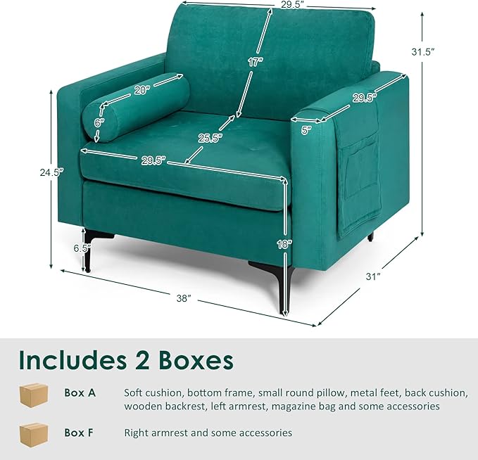 Giantex Single Sofa Accent Chair Armchair w/Comfy Cushion Bolster Armrest Magazine Caddy Pockets Living Room Upholstered Leisure Chair for Bedroom Reception Room Blue