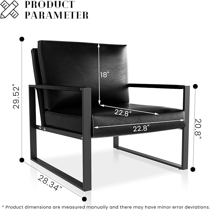 Recaceik Leather Accent Chairs Midcentury Modern Armchair with XL Ergonomic Cushion Sturdy Metal Frame Anti-Scratch Foot Mats Single Sofa Chair for Living Room Black 22.83D x 28.35W 33.46H in