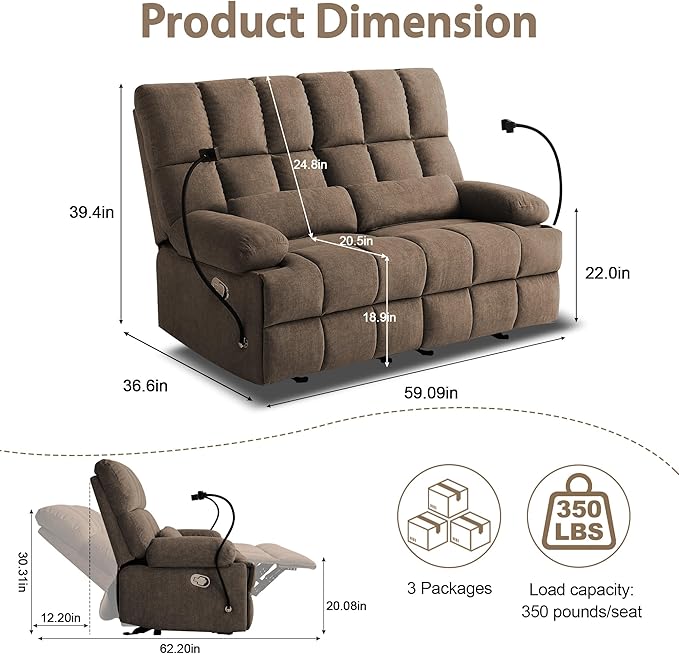 Rocker Recliner-Loveseat Recliner SofaCat-Proof Reclining Loveseat with Phone Holder RV Douber Recliner Sofa for Home TheaterLiving Room (Brown-2 Seater) | Rocker Recliner Phone Holder