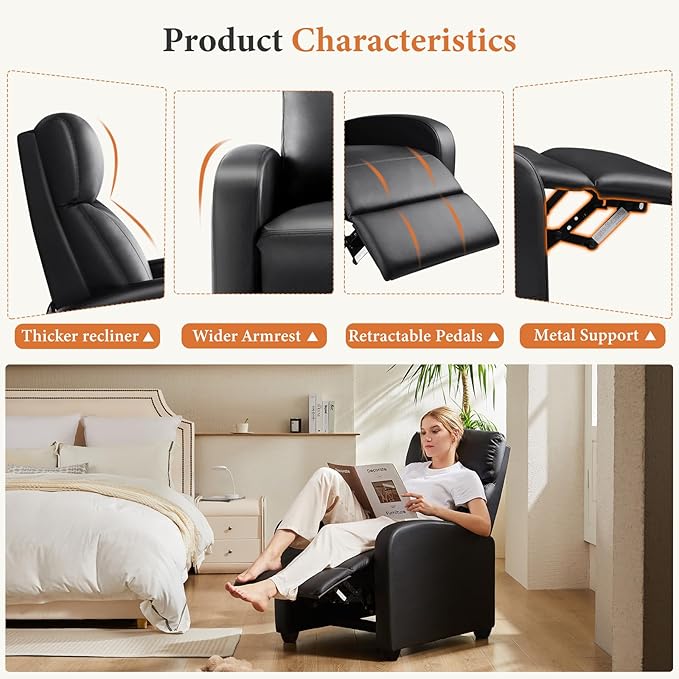 Sweetcrispy Recliner Chair PU Leather Recliner Sofa No Massage Home Theater Seating with Lumbar Support Adjustable Push Back Overstuffed High-Density Sponge Reclining for Living Room Black
