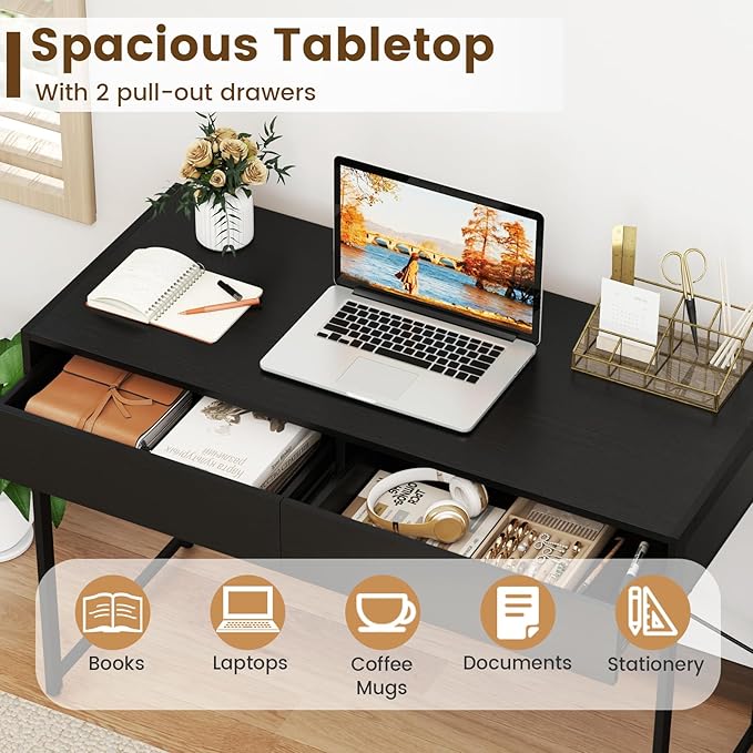 GOFLAME Modern 2-Drawer Computer Desk Home Office Desk w/Reinforced Heavy-Duty Metal Frame Versatile Study Writing Desk w/Anti-Tip Kit Ideal for Study Office Small Spaces Black