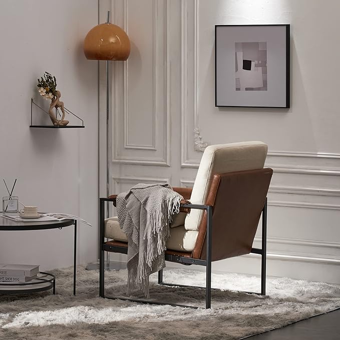 Karl home Mid-Century Accent Chair Linen Fabric Arm Chair with Metal Legs Thick Padded Sofa Chair Lounge Chair with Pillow for Living Room Bedroom Belcony Beige
