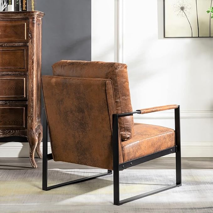Container Furniture Classic Mid Century Modern Accent Chair with Durable Square Metal Frame Armchair for Living Room Bedroom Home Office in Spotted Microfiber Upholstery Light Brown