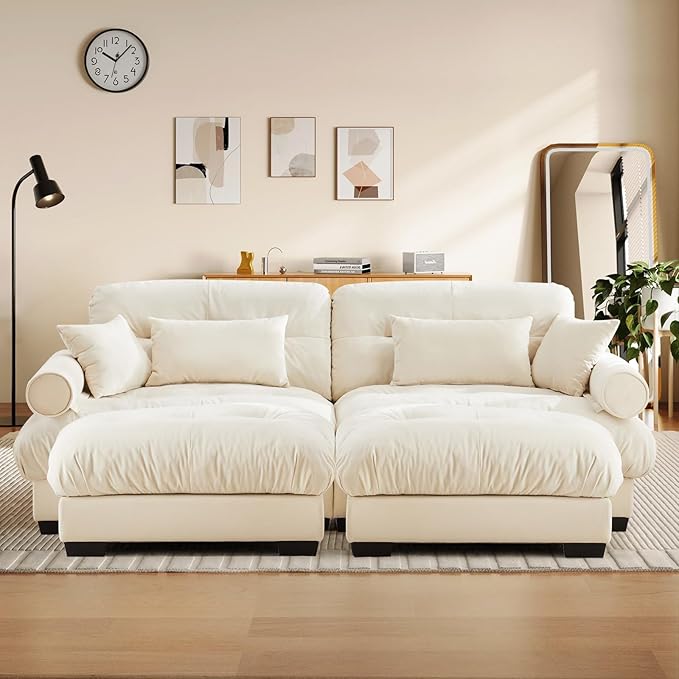 93.7 Modern Oversized Modular Sectional Sofa 2-Seater Loveseat L-Shaped Cloud Couch with 2 OttomansPillows and Overthick Cushion for Living RoomHome TheaterApartmentVelvetBeige