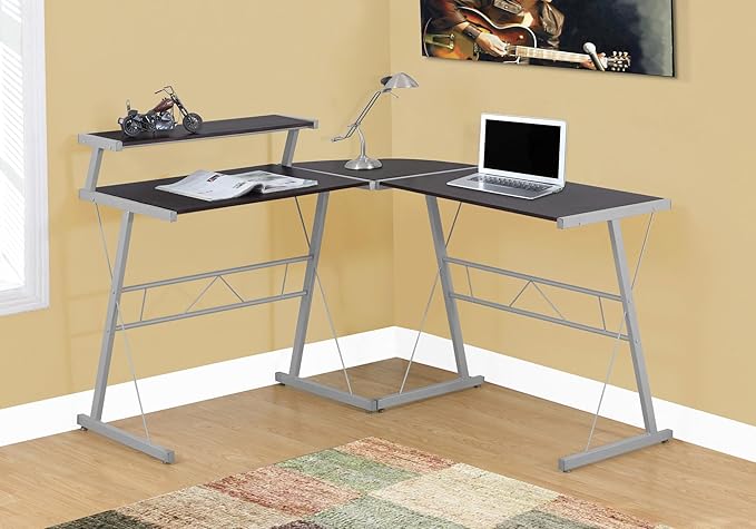 Monarch Specialties L-Shaped Corner Desk with Shelf for Home &amp Office 48 L Cappuccino-Silver Metal Legs