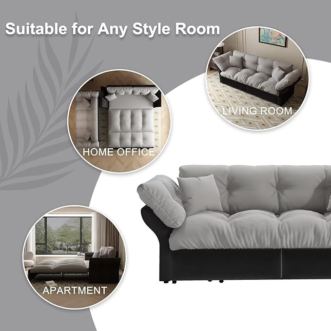 74.8-Inch Queen Size Pull-Out Sofa Bed 3-in-1 Convertible Velvet Loveseat Couch with Tufted Back &amp 2 Pillows Grey