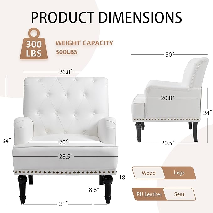 MOJAY Modern PU Leather Accent Chair Set of 2 Mid-Century Living Room Lounge Club Chair with Rivet Trim Single Sofa Reading Arm Chair for Bedroom Home Office Study Lounges(White)