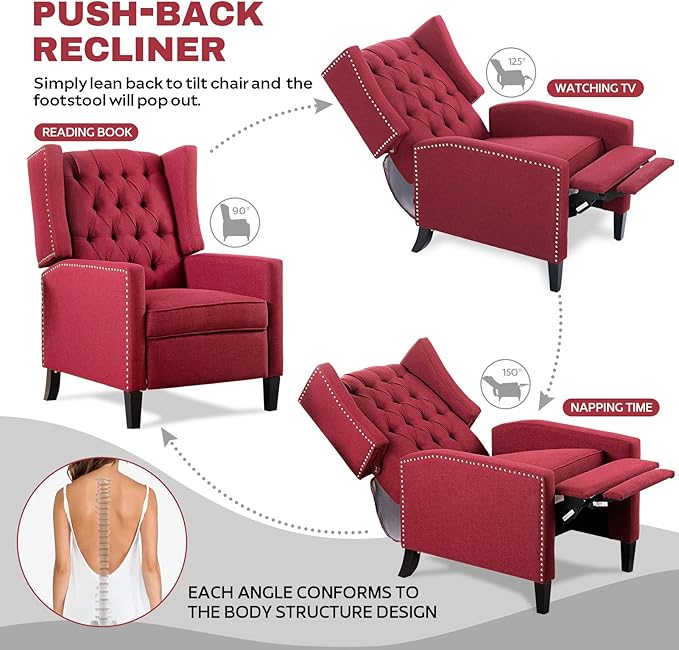 Recliner Chair for Adults Red Fabric Accent Chairs Living Room Mid-Century Modern Recliner Button Tufted Club Chair Upholstered Vintage Reclining Reading Arm Chair 27 Wide