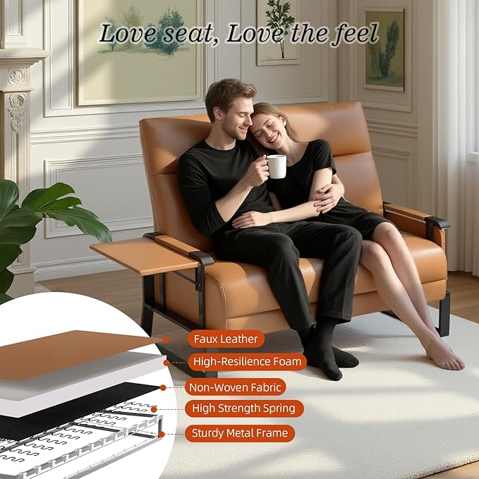 Faux Leather Sectional Couches for Living Room 3 Piece Loveseat and Chair Set with Flip Up Tray Tables Side Pockets Modern Modular Sectional Sofa for Office 2-Seat+1-Seat+1-Seat Brown