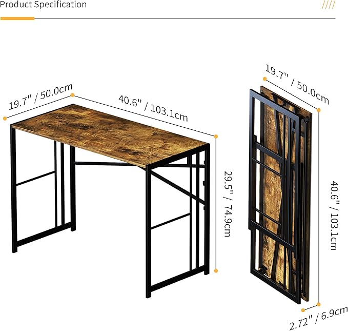 40 inch Folding Computer Desk Writing Gaming Computer Camping Desk No Assembly Required Home Office Table Rustic Brown