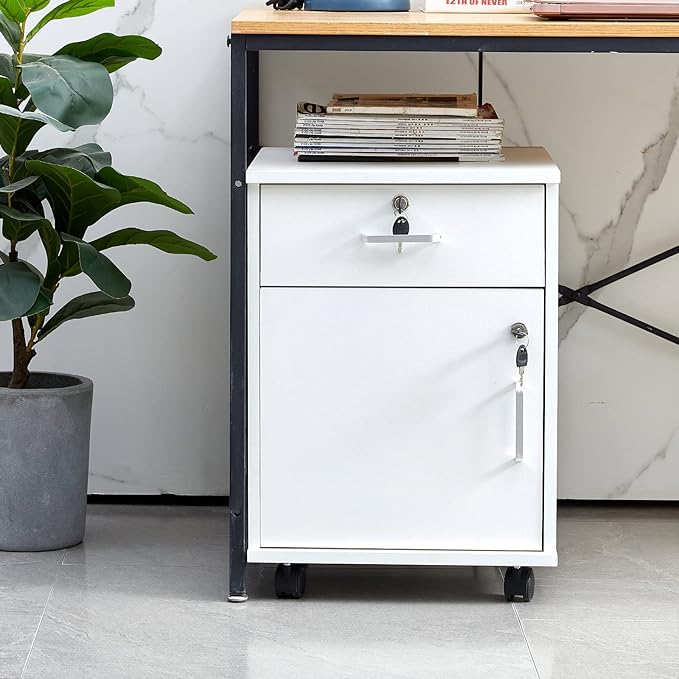 Mobile 2 Drawer File Cabinet with Lock Wooden Under Desk Filing Cabinet with Wheels Small Rolling Storage Cabinet for Home Office Organizer A4/Letter Size/Legal White