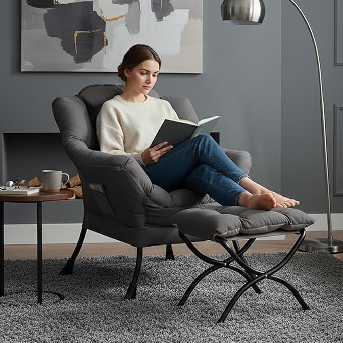 Tiita Lazy Chair Gray Modern Large Accent Armchair Comfy Leisure Sofa Reading Chair for Bedroom Living Room Dorm Rooms Garden and Courtyard Dark Grey