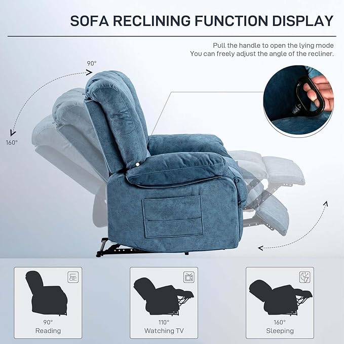 Oversized Recliner Chair &amp Massage Chair Recliner with HeatCozy Lazy Boy Recliners Chairs for Adults Blue Recliners Chairs&ampManual Reclining with Wide Seat Adjustable BackrestPockets (Blue)