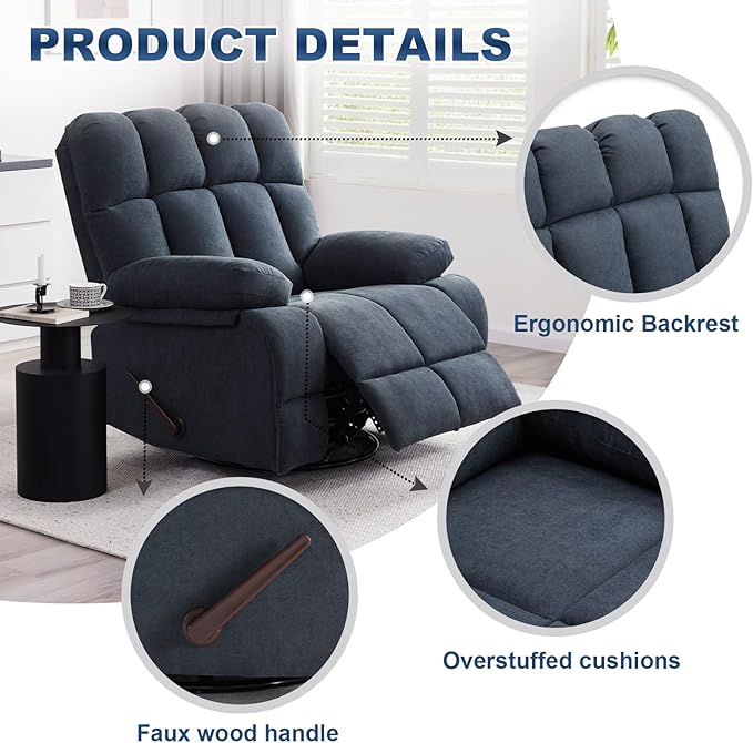 Oversized Recliner Chair 360° Swivel Rocker Recliner for Big Man Extra Wide Manual Recliner Overstuffed Soft Rocking Sofa Chair Overstuffed Soft Rocking Sofa Chair for Living Room(Grey)