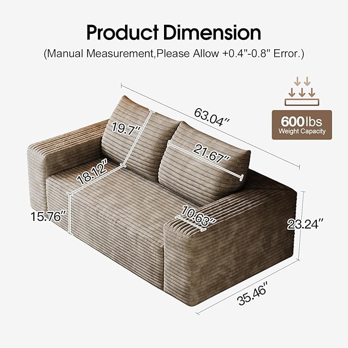 63.4 Boneless Corduroy Modular Couch with Deep Seat Memory Foam Comfy Small Cloud Couch for Small Spaces No Assembly Required Sofa for Living Room Bedroom &amp Apartment (Camel 63inch)