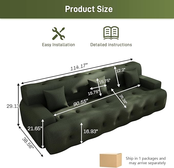 OUYESSIR 114 Boneless CouchCloud Couch3D Mesh Fabric Comfy Sofa3 Seater Modern Curved Sofa for Living RoomBedroom and ApartmentNo Assembly RequiredGreen