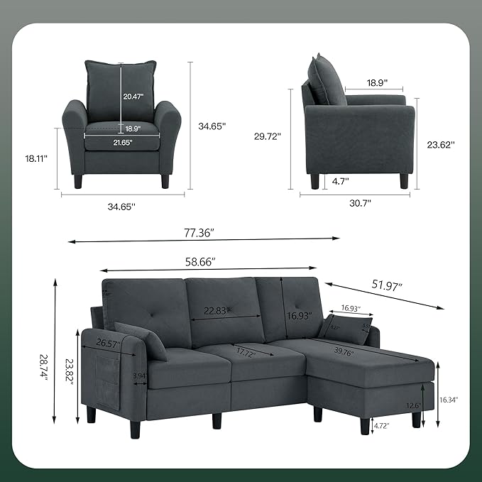 Sectional Sofa Set 77 Convertible Sofa and Accent Chair Small 3 Seat L Shaped Couch with Storage Ottoman and Side Pockets Modern Couch for Living Room Office Apartment Dark Grey