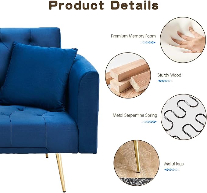 71Convertible Futon Sofa Bed - Modern Velvet Sleeper Couch with Adjustable Backrest Tufted Recliner with Golden Chrome Legs &amp 2 Pillows Perfect for Small Spaces Living Room &amp Apartment (Bl