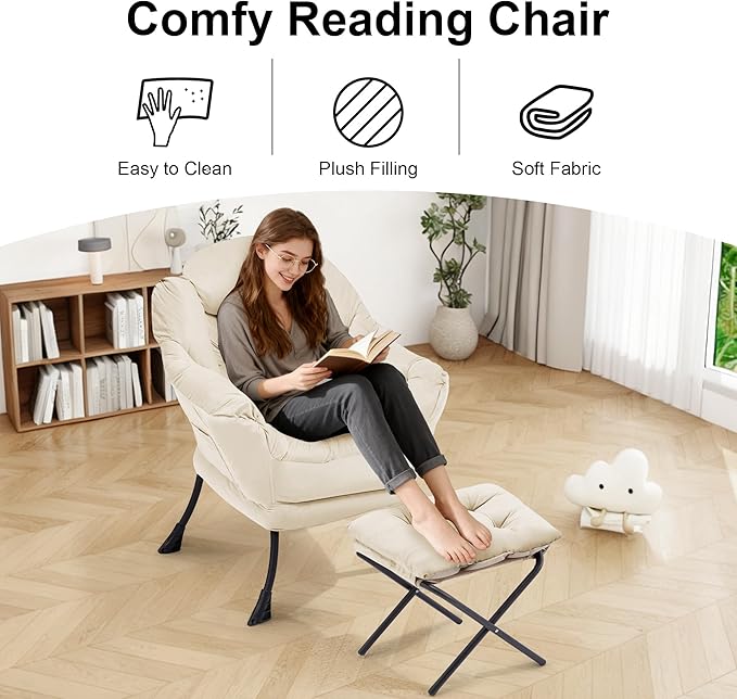 Lazy Chair with OttomanOversized Accent Chair with Thick Cushion Side PocketModern Lounge Arm Reading Chair and Folding Footrest for Living RoomBedroomOfficeDormApartment Beige