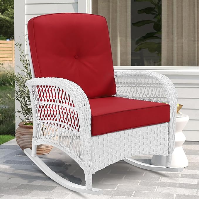 VIVIJASON Outdoor Wicker Rocking Chair Patio Rattan Rocker Chair with Cushions &amp Steel Frame All-Weather Rocking Lawn Rattan Furniture for Garden Backyard Porch (White Wicker/Red)