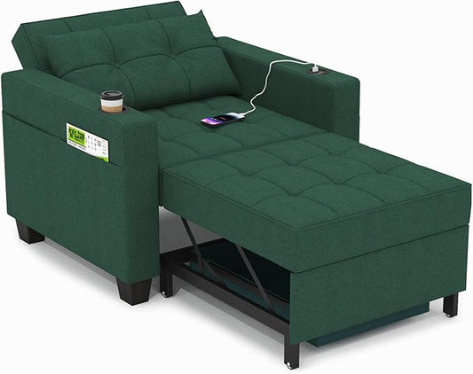 DURASPACE 36.6 Inch Sleeper Chair 3-in-1 Convertible Chair Bed Pull Out Sleeper Chair Beds Adjustable Single Armchair Sofa Bed with USB Ports Side Pocket Cup Holder (Forest Green Linen)