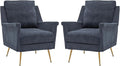 Accent Chair Set of 2 Mid Century Modern Living Room Chairs with Gold Metal Legs Navy Wingback Arm Chairs for Bedroom Performance Fabric