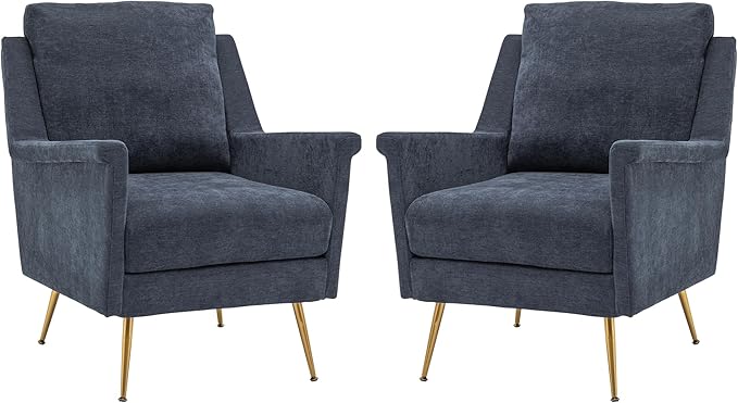 Accent Chair Set of 2 Mid Century Modern Living Room Chairs with Gold Metal Legs Navy Wingback Arm Chairs for Bedroom Performance Fabric