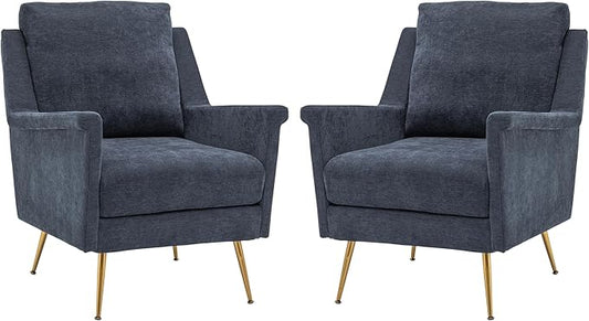 Accent Chair Set of 2 Mid Century Modern Living Room Chairs with Gold Metal Legs Navy Wingback Arm Chairs for Bedroom Performance Fabric