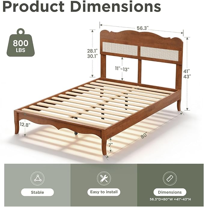 Sophia &amp William Rattan Bed Frame Full Size Wood Bed Frame with Adjustable Headboard Solid Wood Slats Support Brown