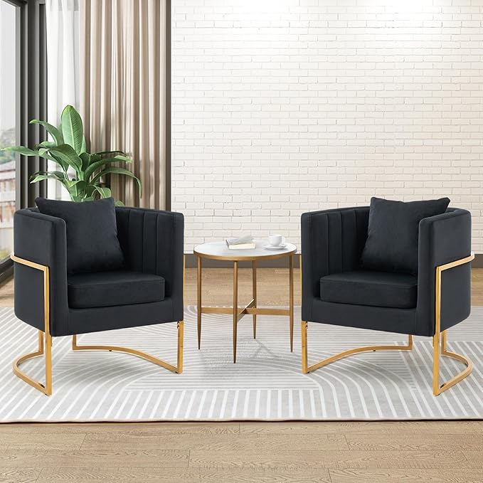 Velvet Modern Accent Chair Upholstered Barrel Armchair Mid Century with Pillow for Living Room Comfy Single Vanity Chair with Metal Gold Legs for Bedroom Black
