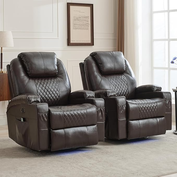 Power Swivel Rocker Recliner Chair for Adults with Heat and Massage LED Lights USB-A and USB-C Ports Electric Glider Recliner Nursery Chair for Living Room (Brown Set of 2)
