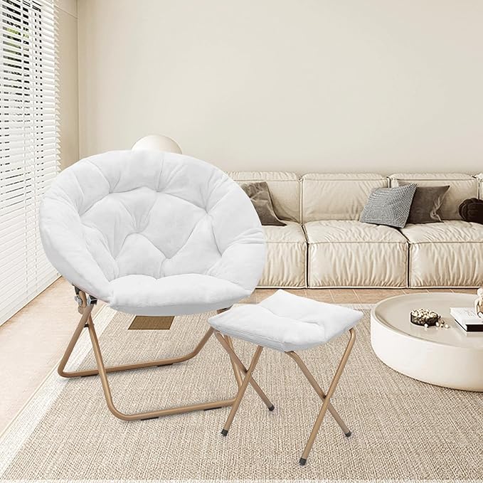 Athena Collection Round Saucer Chair with Ottoman Set of 2 for Adults Oversize Comfy Cozy Faux Fur Folding Reading Chair with Metal Leg Lazy Relaxing for Living Room Bedroom Dorm Apartment White