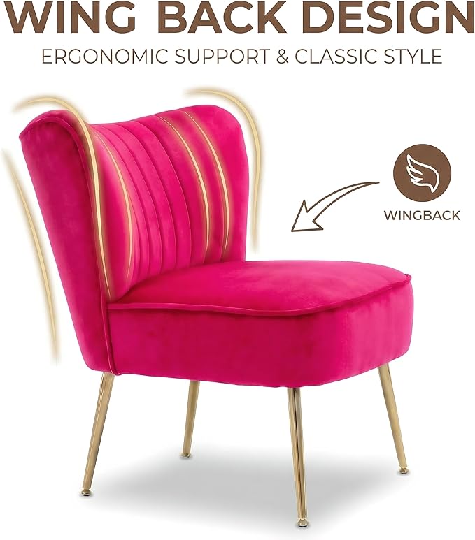 DUOMAY Modern Accent Chair Set of 2 Velvet Slipper Chair with Gold Legs Wingback Side Chair for Living Room Bedroom Entryway Small Corner Chair for Space Saving Rose Red
