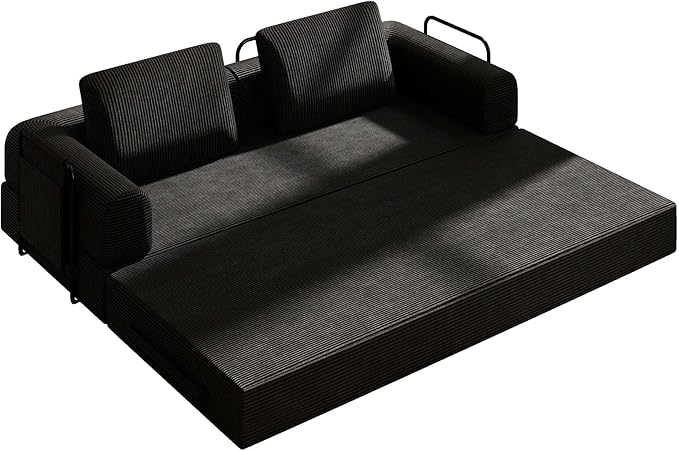 Convertible Sleeper Sofa Bed 3-Seat Corduroy Futon Couch with Cylindrical Pillow Foldable Mattress for Living Room &amp Bedroom 79 Inch Multi-Functional Sofa (Black)