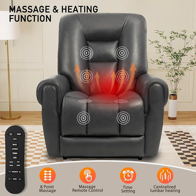 EONIX Four Motor Lay Flat Power Lift Recliner Chair for Elderly 400lbs Electirc Lift Chair for Living Room Independent Adjustable Lumbar Support &amp Headrest Extended Footrest Grey