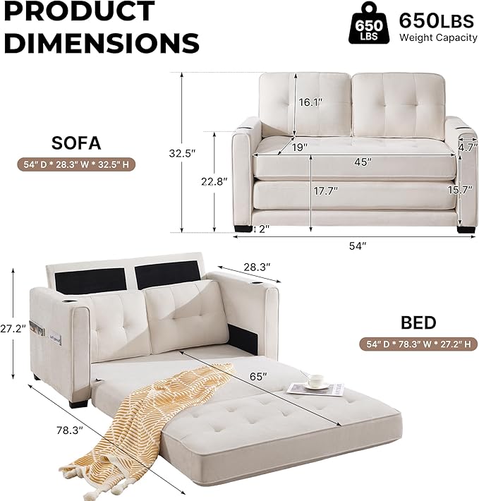 Convertible Sofa Bed Pull Out Loveseat Sleeper CouchLinen Fabric 2 in 1 Folding Couch Bed Fold Out Floor Futon Couches with Cup Holder for Living Room BedroomSmall Space Beige